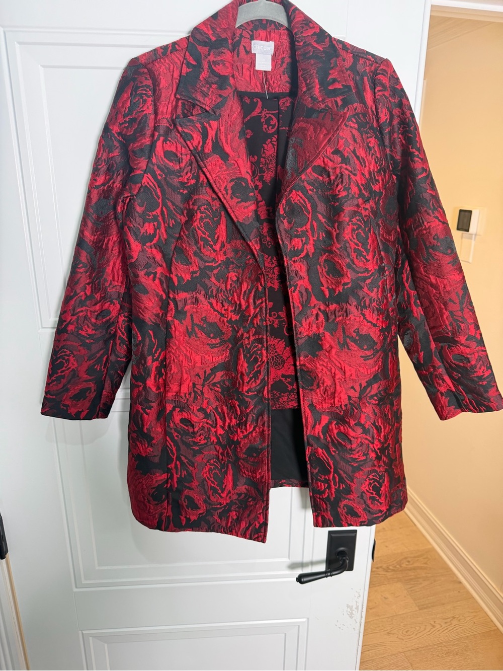 Chico's Red and Black Floral Jacquard Blazer